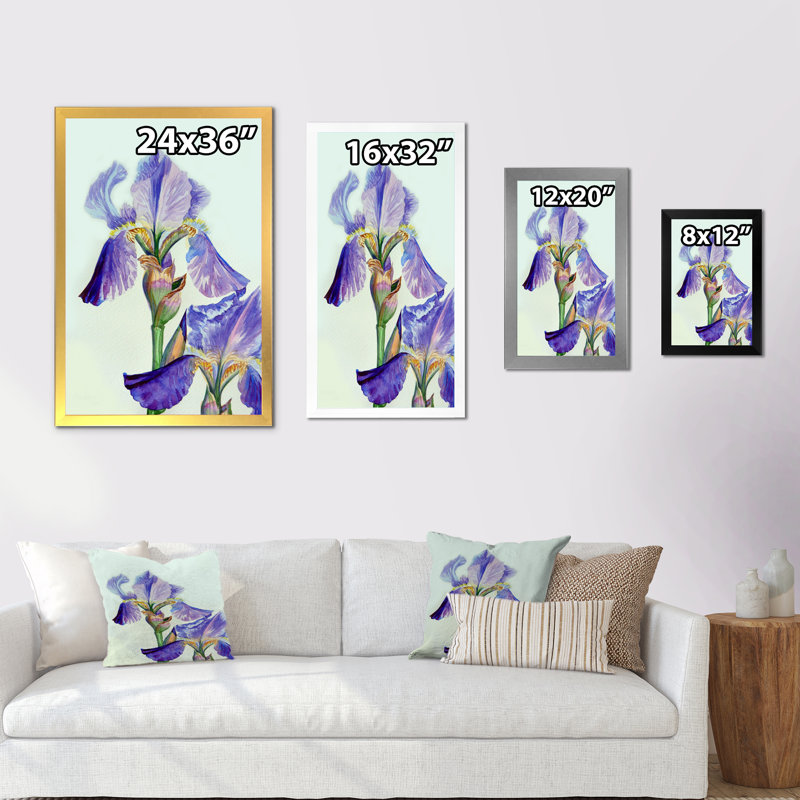 Iris bleu et mauve en été II - décoration murale traditionnelle en toile, Impression noire sur toile encadrée