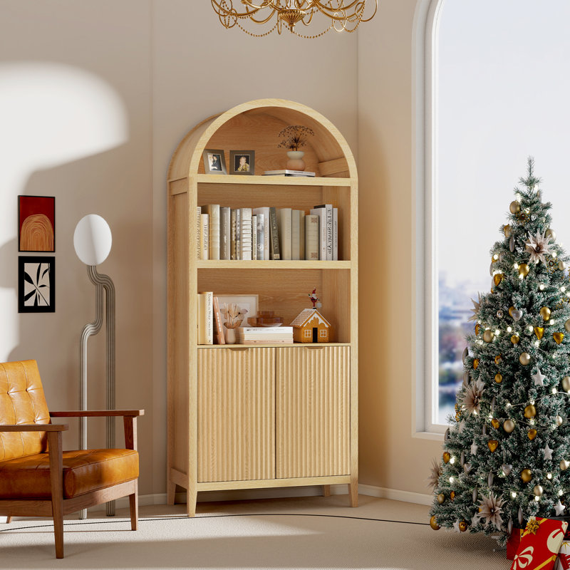 Arched Bookcase with 5 Shelves, 71" Tall Bookshelf with Door, Natural, Nature