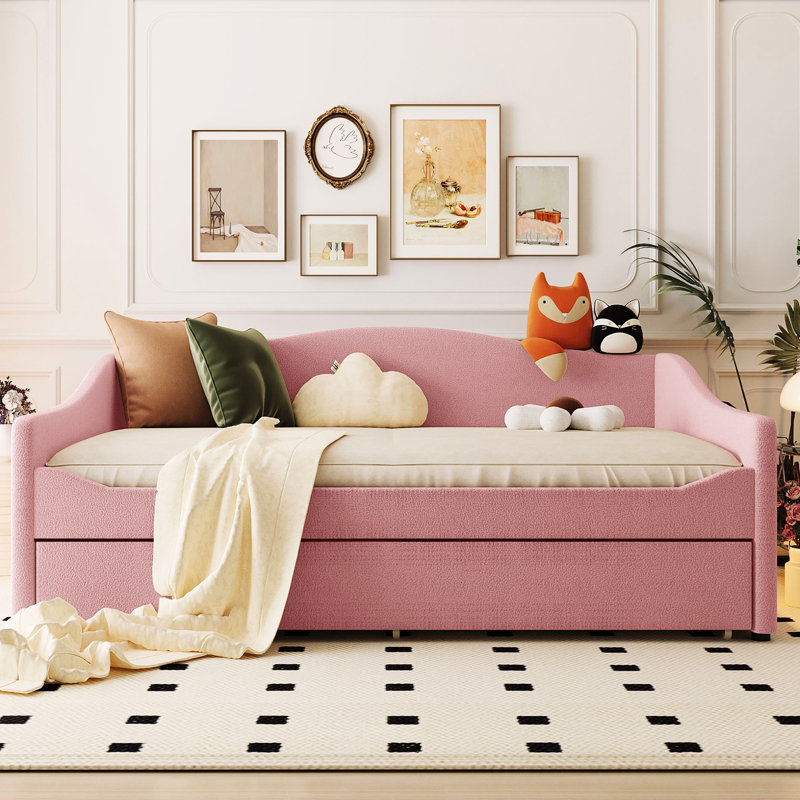 Full Size Daybed With Pink Fleece Upholstery And Detachable Trundle - Easy Maintenance Bed Daybed, Portable Convenient Mobility