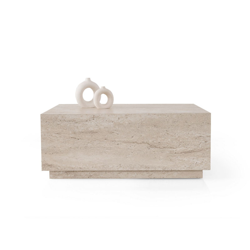 Modern Coffee Table, Travertine Colour, 35.4 x 35.4 x 14.0 inches | 100% Melamine Coated Particle Board, 0.7 inches Thick | Sturdy Particle Board Legs, 220 lbs Capacity | Elegant Marble Design for Living Room