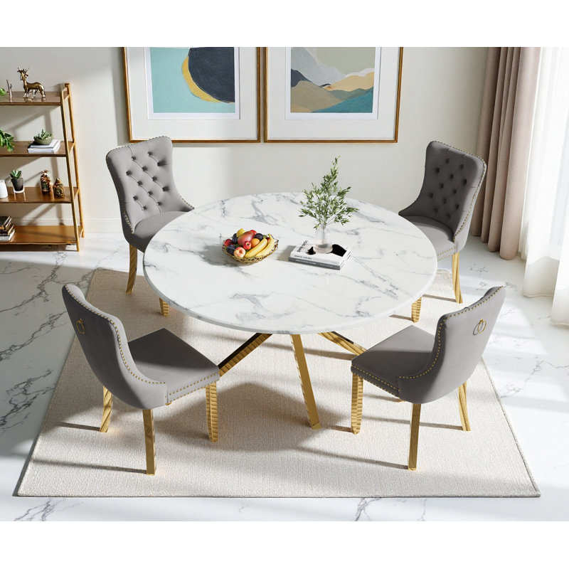 Round Dining Table Set, White Marble Dining Table & Velvet Dining Chairs with Stainless Steel Pedestal, 45" Dining Room Table and Chairs Set, Luxury Dining Table Set