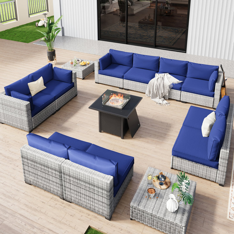 Ensemble de conversation modulaire en osier durable pour l'extérieur avec ensemble de conversation pour 10 personnes, Bleu