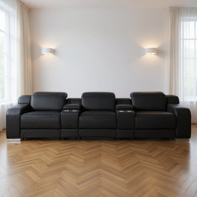 129" Black Italian Leather Reclining USB Sofa