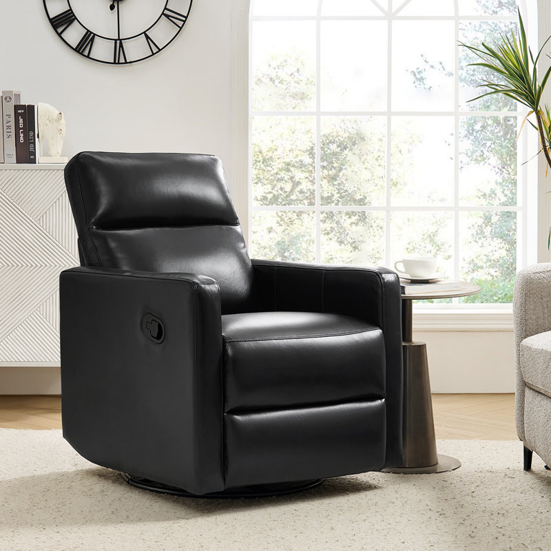 Sumbul Genuine Leather Upholstered Swivel Rocker Recliner, Black Leather