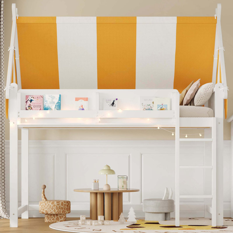 Lit mezzanine avec auvent, lumières à DEL et bibliothèque de présentation avant pour les enfants avec une construction robuste et un espace sous le lit