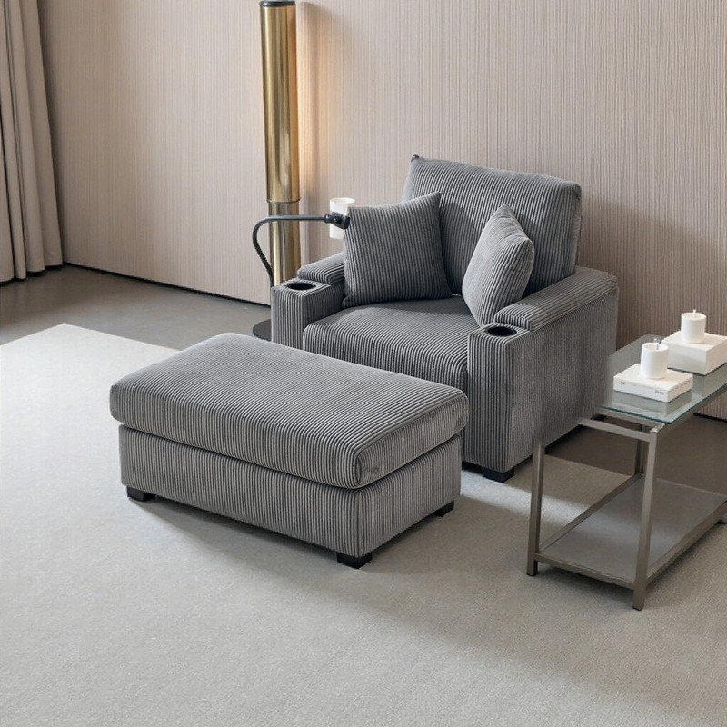 Méridienne surdimensionnée de 55 po avec repose-pieds et rangement, repose-pieds inclinable avec porte-gobelet, support pour téléphone et port de chargement USB