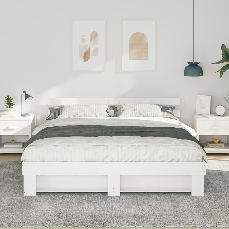 With Headboard Solid Pine Wood, White, Super King (6')