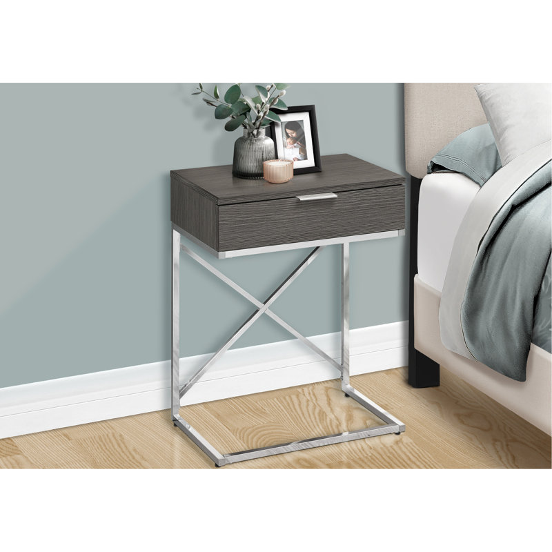 Table de chevet de chambre à coucher avec finition stratifiée grise et structure en métal - Vaste espace de rangement pour salon contemporain