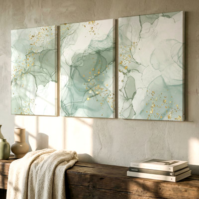 3 Pieces Abstract Green and Gold Ink Marble Large Wall Art for Modern Decor, Three Pieces Wall Art for Living Room, Bedroom, Office, and Home Decor