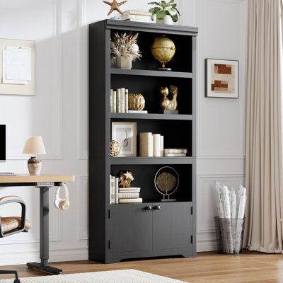 5-Tier Farmhouse Bookshelf, 69” Tall Bookcase with 2 Doors & Adjustable Shelves, Wooden Open Display Storage Rack for Home Office, Living Room & Study (23.6”W)
