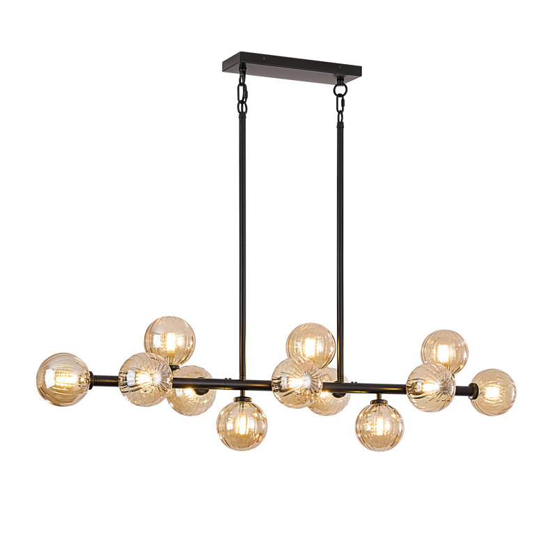 Lustre linéaire moderne en verre bullé à 12 lumières à intensité variable Spoutnik, Noir satiné