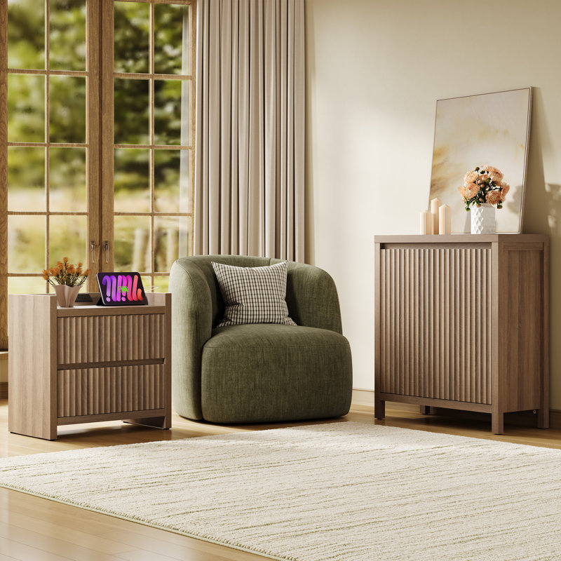 Allete Modern Fluted 2-Drawer Nightstand With Charging Station, Sandstone Beige