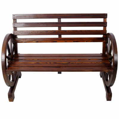 Outdoor Patio Lounge Furniture, Wooden Wagon Wheel Bench For Backyard, Porch, Garden, Rustic Country Design, Slatted Seat And Backrest