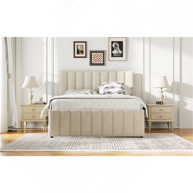 Lit plateforme double tapissier avec lit gigogne simple et 3 tiroirs, tissu en lin, Beige