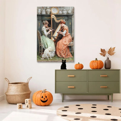 1PC framed Knorr painting two young ladies playing musical instruments, Cassical indoor setting, Neoclassical style decor print vintage wall poster home decor perfect gift for modern artwork for bedroom living room
