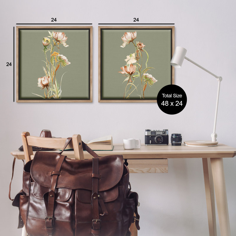"Classic Blooms On Green" par Liz Jardine, 2 pièces sur toile, Cadre flottant orme Montalcino, H 25 po x l 50 po