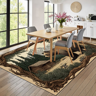 10 x 14 tapis pour chambre à coucher, forêt, vie sauvage, ours, cabanes, arbres, Rocky Boho, tapis lavable pour le salon, tapis, salle à manger, tapis antidérapants à envers en caoutchouc souple pour bureau de chambre de bébé