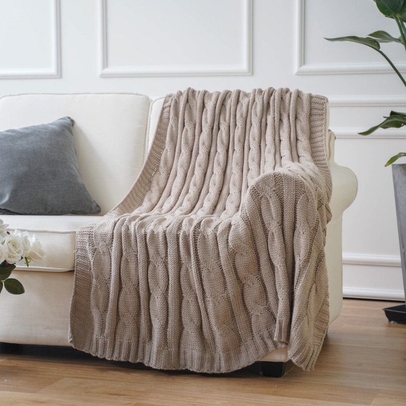 Khaki Cable Knit Acrylic Throw Blanket, 50" x 60"