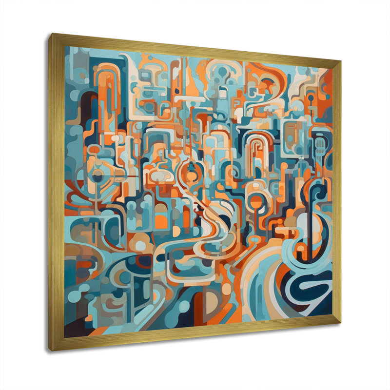 Avah, peinture abstraite de formes et de courbes sur toile, H 36 po x l 36 po x P 1,5 po, Cadre flottant doré