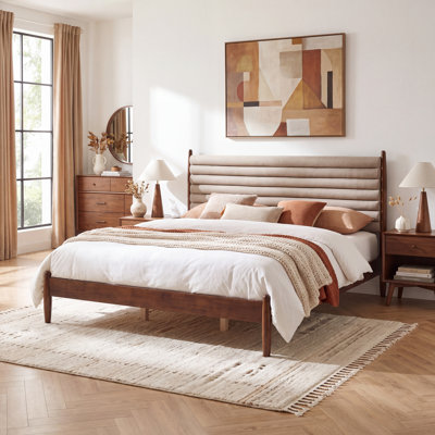 Vela Mid-Century Modern Platform Bed Frame with Channel-Tufted Upholstered Headboard, Rubberwood, MDF & LVL Construction, Wooden Slat Support, No Box Spring Needed For Moody Bedroom