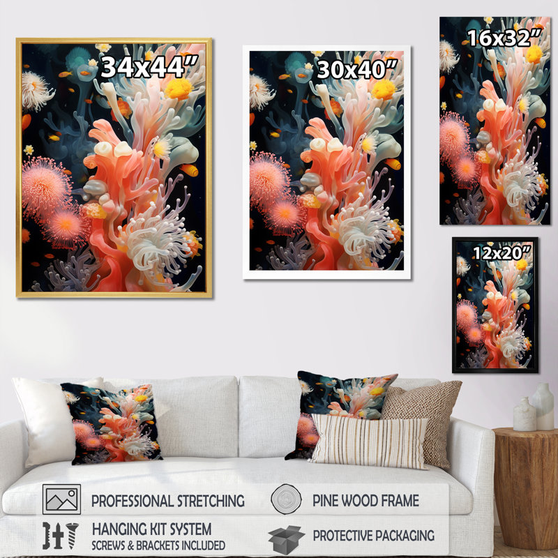 Underwater Vibrant Pink Coral - Beach & Ocean, reproduction d'art sur toile, Cadre simple noir, H 44 po x l 34 po x P 1,5 po