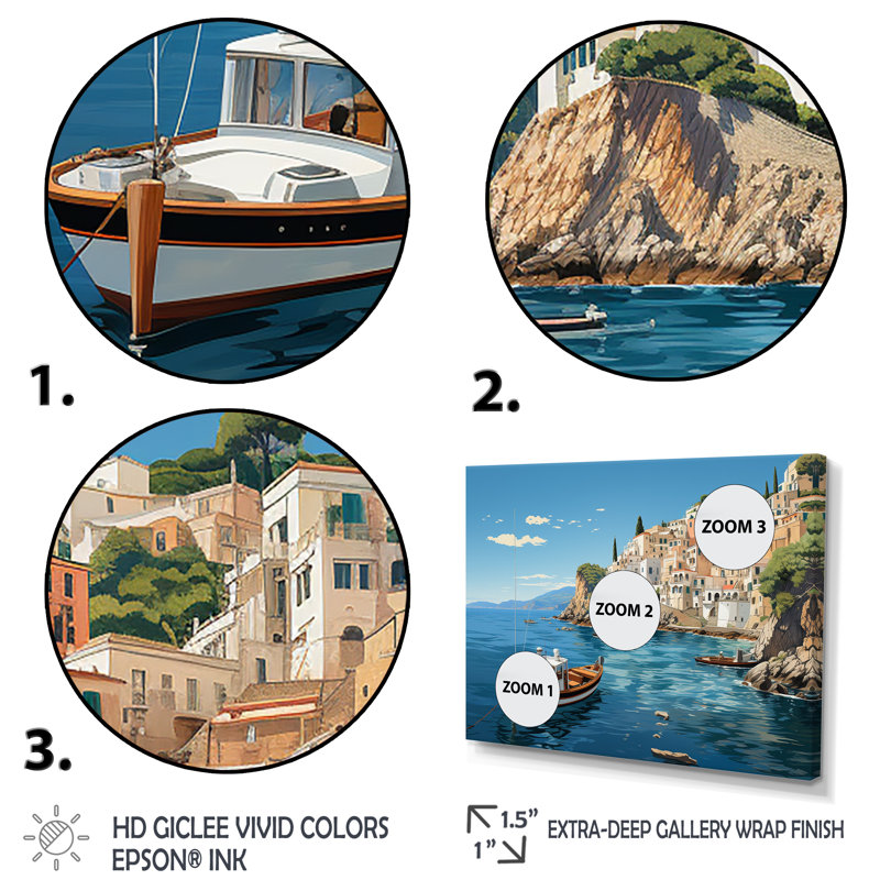 Capri, Italie, bleu, village méditerranéen III - paysage, Italie, décoration murale, Cadre doré à coins fermés