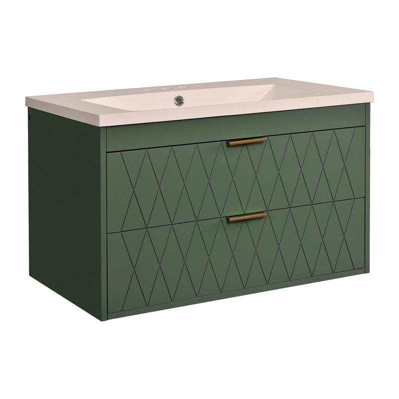 Meuble-lavabo mural 30 po avec lavabo en résine, armoire de rangement flottante avec 2 tiroirs, armoire de salle de bain en bois massif