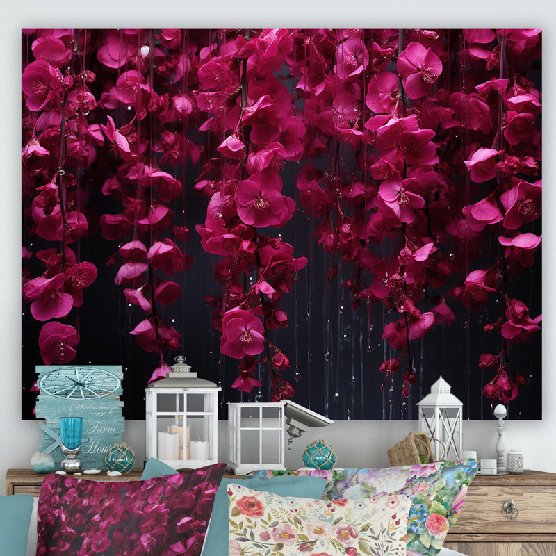 Rose et noir, cascade de fleurs fuschia - art mural sur toile Fuschia, Toile tendue, H 24 po x l 32 po x P 1 po