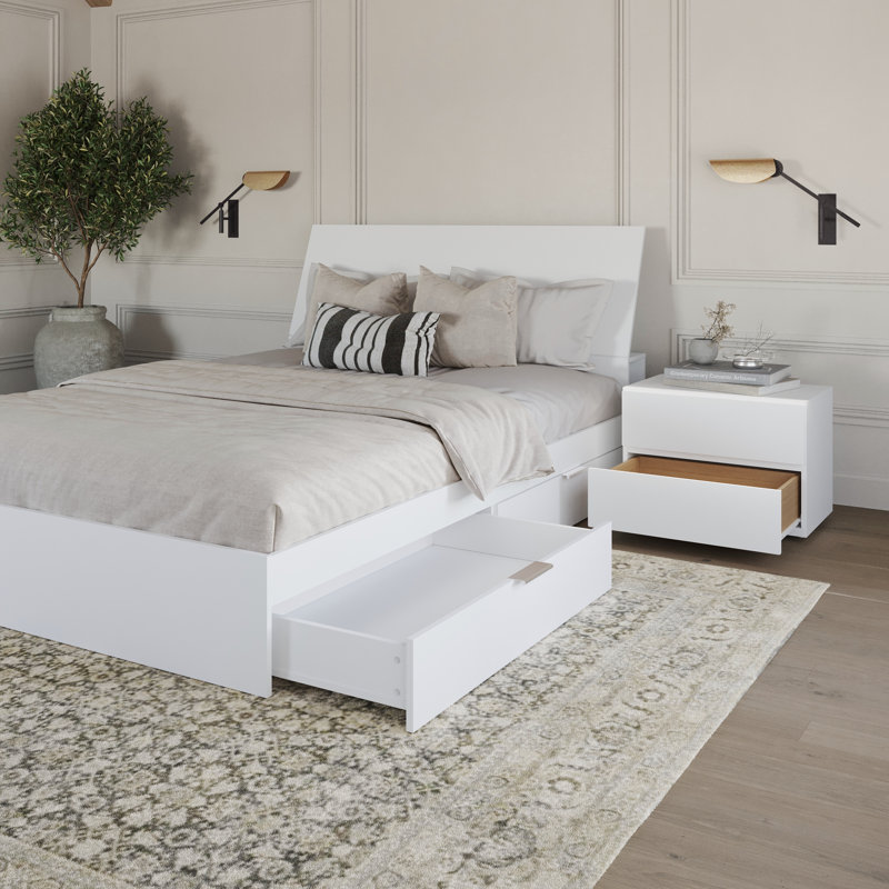 Ensemble de chambre à coucher avec grand lit 3 pièces Glenam, blanc, Double, Blanc / Blanc