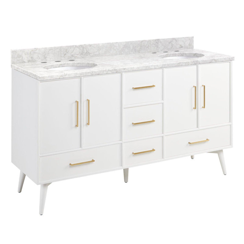 Ensemble de meuble-lavabo double 60 po avec lavabo sous-comptoir ovale 60 po Novak, 8 po, Marbre de Carrare, Blanc