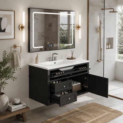 Meuble-lavabo mural 36 po, armoire de rangement flottante avec 2 tiroirs, 1 tiroir basculant, lavabo simple en céramique 3 trous, armoire moderne