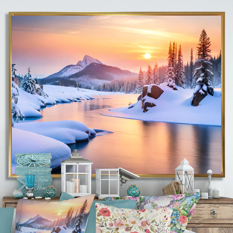 Hiver, beauté de l'Alaska IV, Cadre flottant doré, H 34 po x l 44 po x P 1,5 po