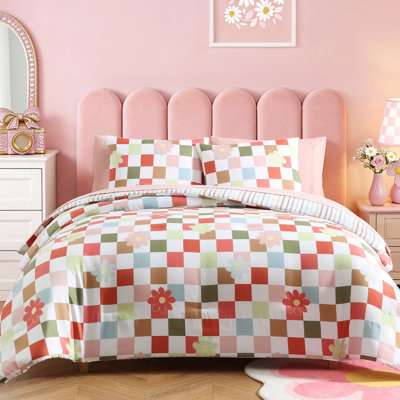 Amberspace Twin XL Comforter Set , Colorful Checkered Bedding Set with Cute Floral, All Season Plaid Kids Bed in a Bag Dorm 5 Pieces with Sheets, Pillowcase & Sham