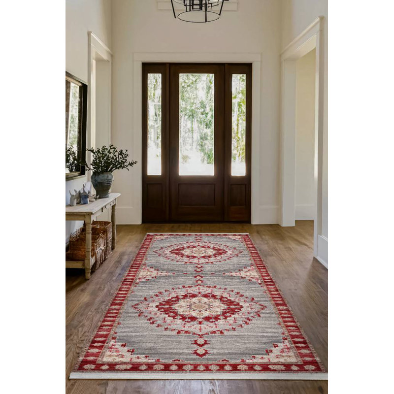 Marisol Burgundy Beige Gray Oriental Machine Printed Cotton Polyester Area Rug, Rectangle 5'3" x 9'11"