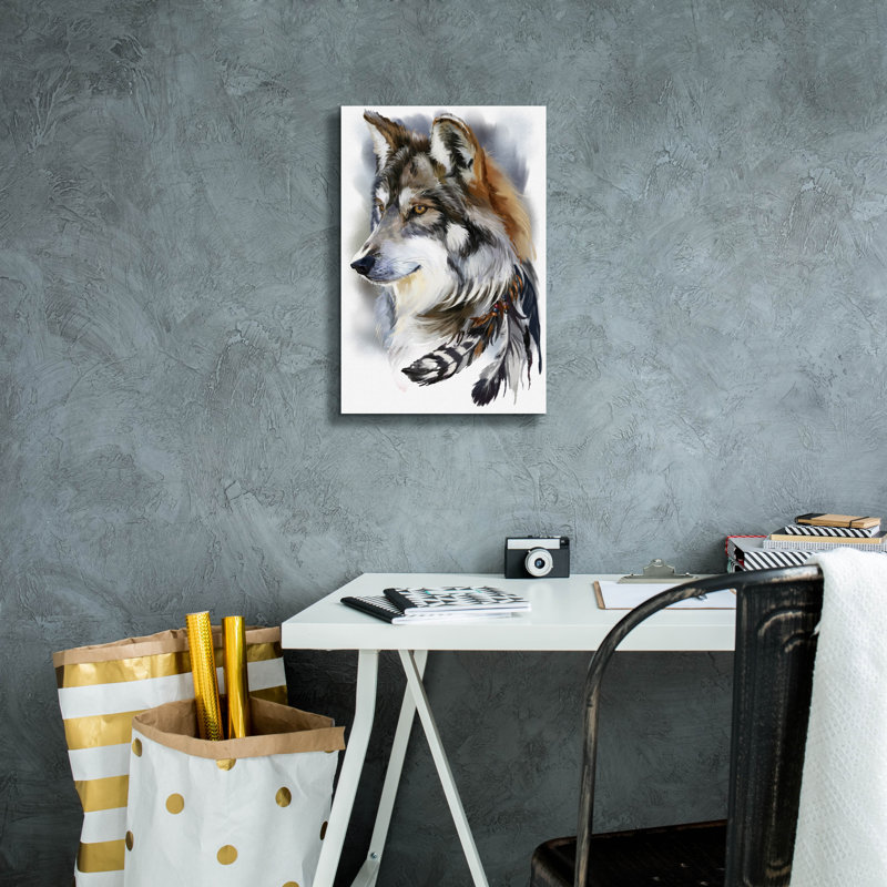  «Red Wolf Head and Bird Feathers» par Kajenna, art mural sur toile, 12 po x 18 po, H 18 po x l 12 po