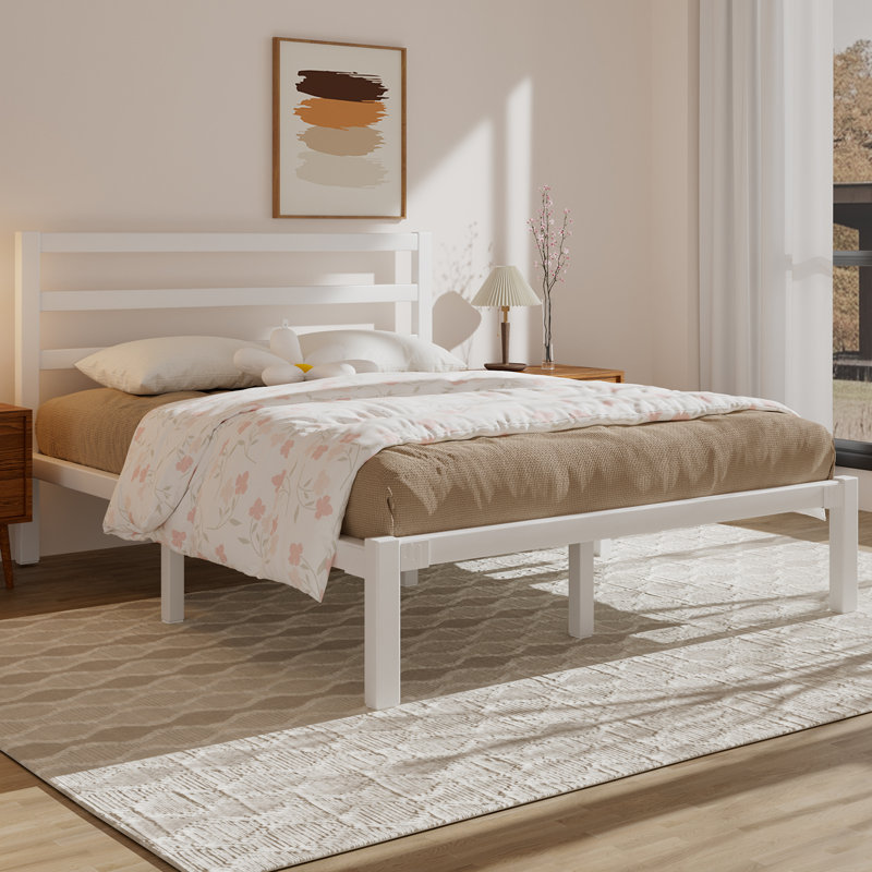Lavallee Bed Frame with Simple Style Headboard, Solid Steel Slat Support, Enough Storage Space, White, Queen