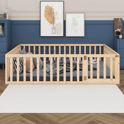 Queen Size Floor Bed With Rails, Wood Montessori Bed Frame With Fence And Door For Kids 