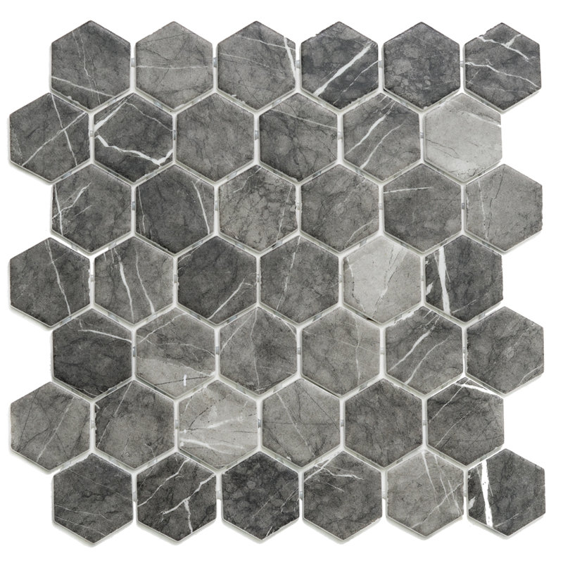 Eterna Hexx 2" x 2" Glass Mosaic Tile, Dark Gray