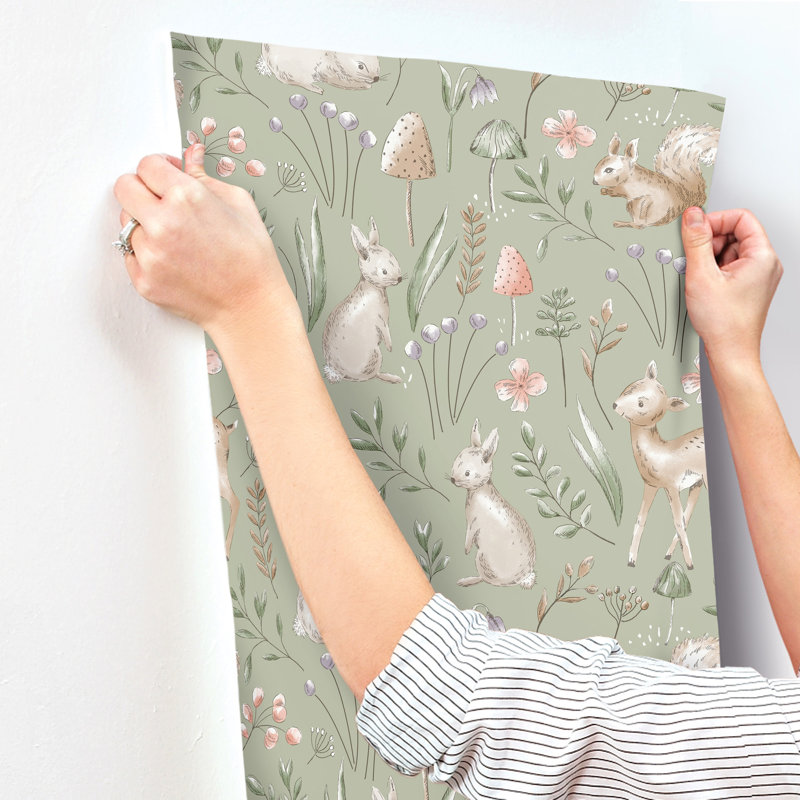 Papier peint forêt fantaisiste sauge, Vert