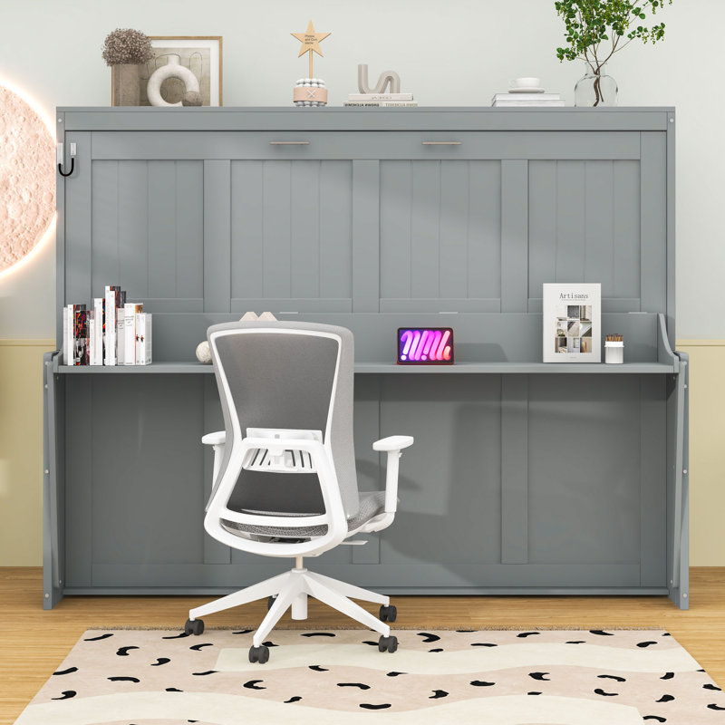 Wakefield Wall Murphy Bed with Integrated Desk, Gray, Queen