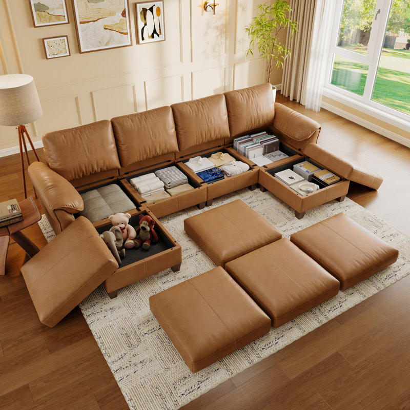 Canapé modulaire en forme de U avec rangement de 123 po et 6 places, gris, Brun