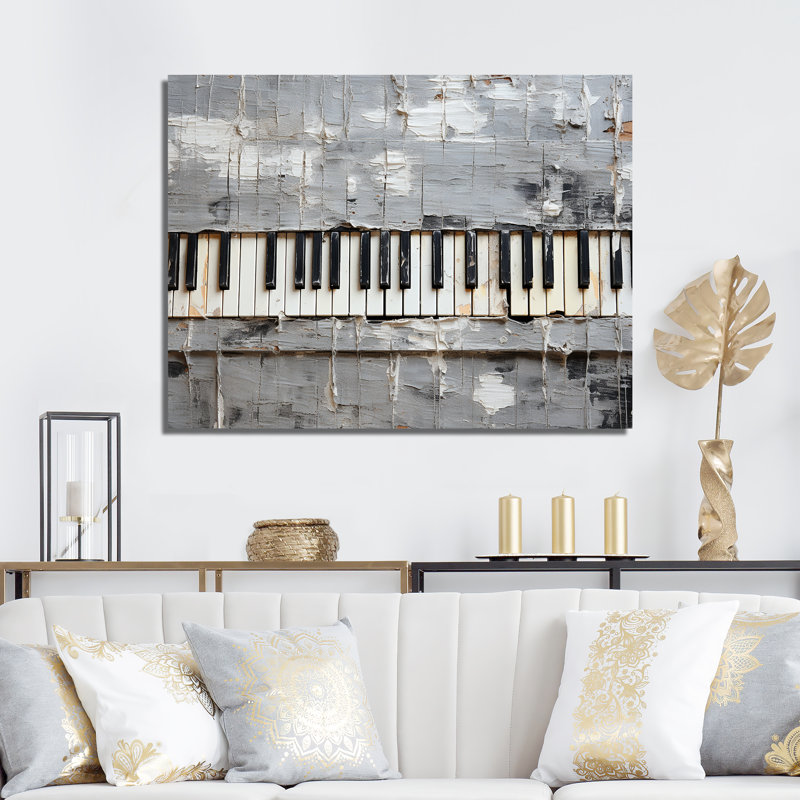 Minimalisme, touches de piano grises et blanches - musique, art mural de piano pour le salon, Toile tendue
