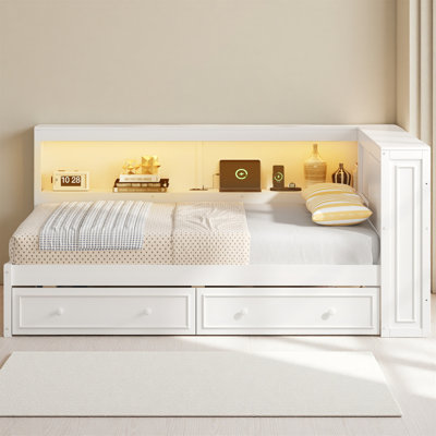 Full Size Wood Daybed With Storage Shelves – Modern Daybed Featuring USB Ports, LED Lights, And 2 Large Drawers For Superior Bedroom Organization, No Box Spring Needed, White