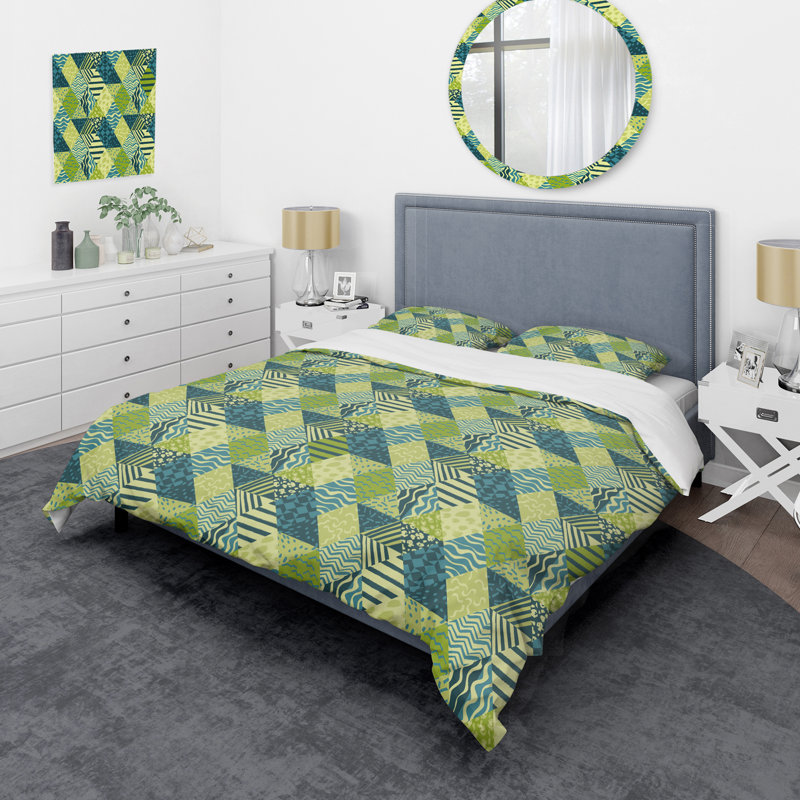 Ensemble de housse de couette Green Abstract Patchwork, Housse de couette pour très grand lit et 2 très