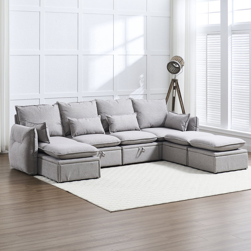 Canapé modulaire 7 pièces 114 "avec 3 repose-pieds 114", Lin gris