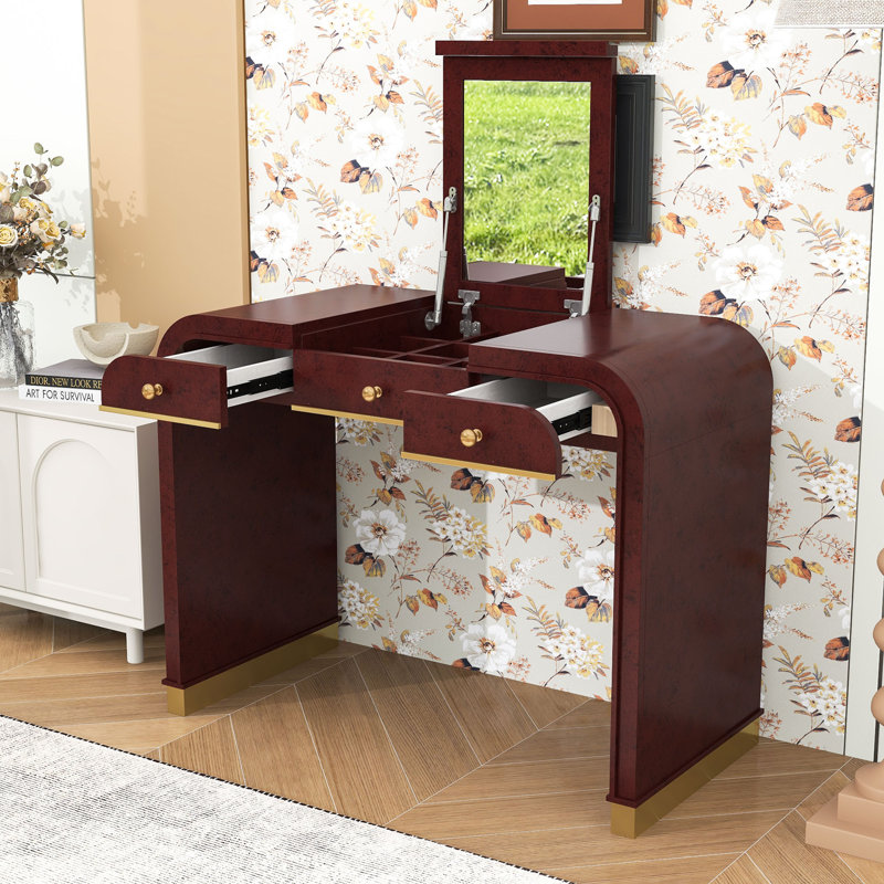 Bureau de coiffeuse avec miroir et 2 tiroirs, Espresso
