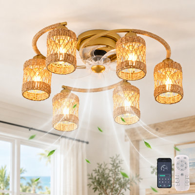 Ventilateur de plafond réversible en rotin tissé à la main de 26 po avec ensemble d'éclairage et télécommande