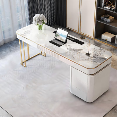 70.87"White Rectangular Sintered Stone Desktop Writing Desk,6-drawer