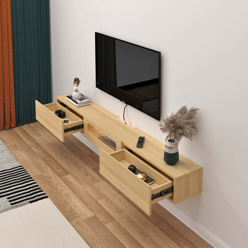 70" Light Oak Floating TV Stand for 75" TV with Drawer Storage & LED Lights, 7.64" H x 70.86" L x 10.04" D, Light Oak
