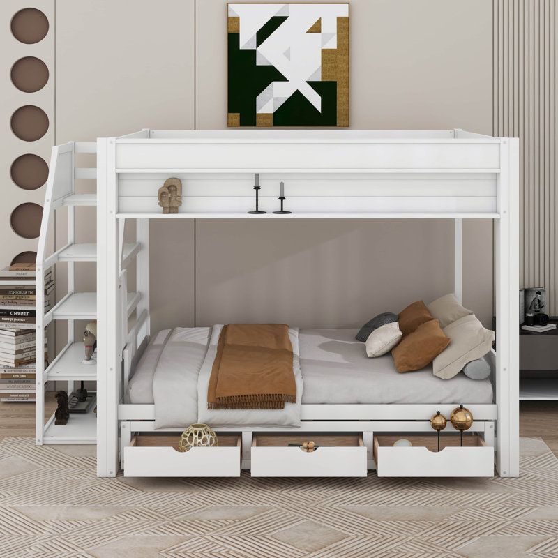 Lit superposé convertible en bois pleine grandeur avec escalier de rangement, table de chevet et 3 tiroirs, Blanc